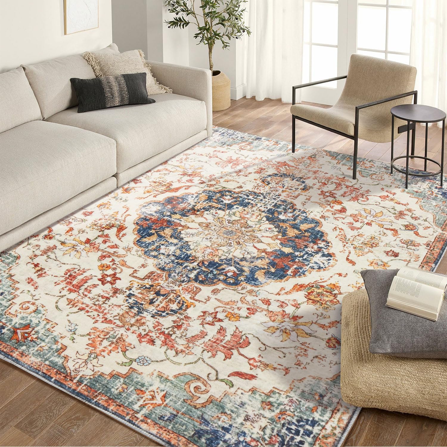 Large Washable Area Rugs for Living Room - 5'x7' Boho Non Slip Bedroom Rug, Soft Low Pile Non Shedding Floor Carpet Indoor, Vintage Print Distressed Dining Room & Playroom & Nursery Room Rugs