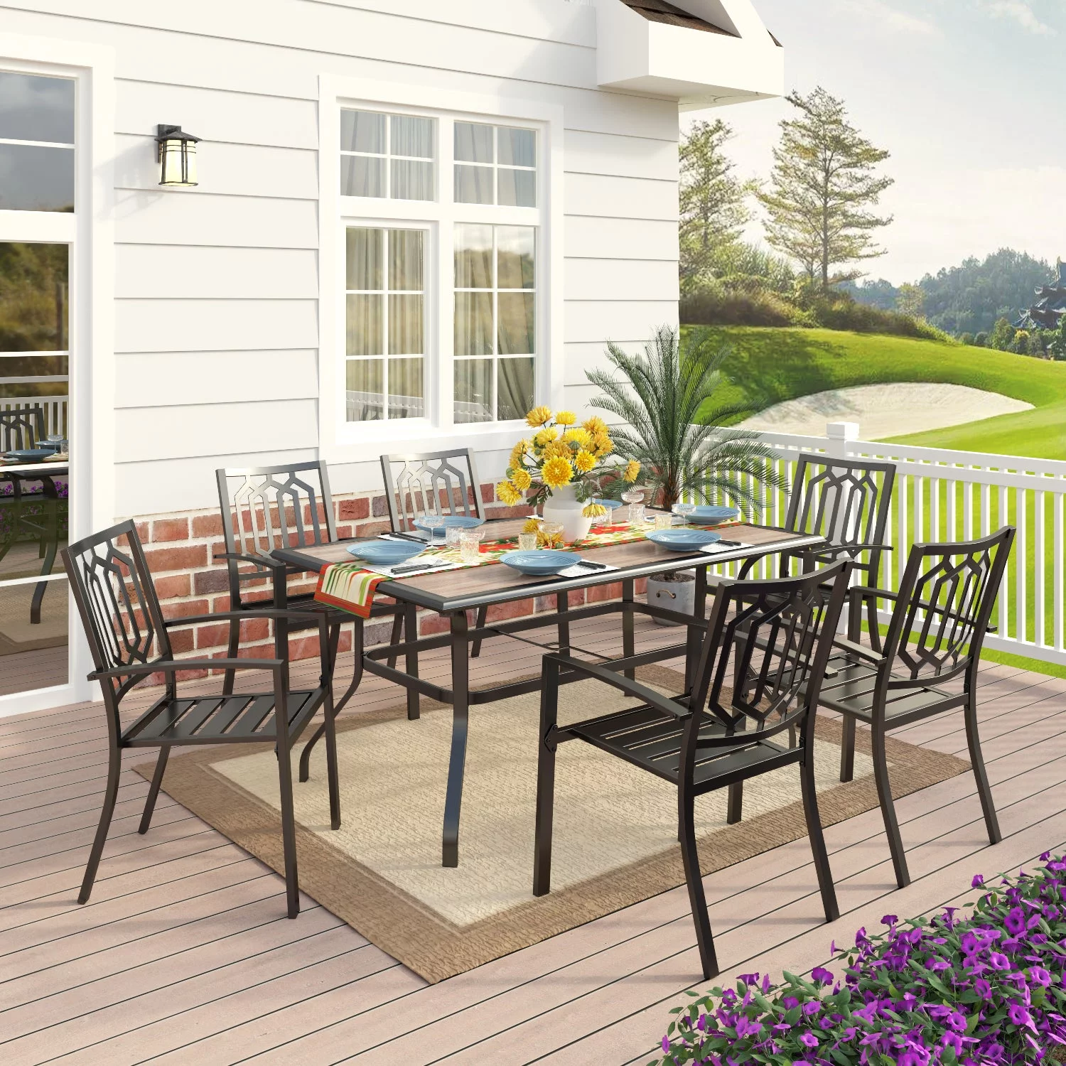 MF Studio 7-Piece Outdoor Patio Dining Set Metal Steel Furniture with 6 PCS Stackable Armchairs& 1 PC Rectangular Table for Dinner&Summer, Black