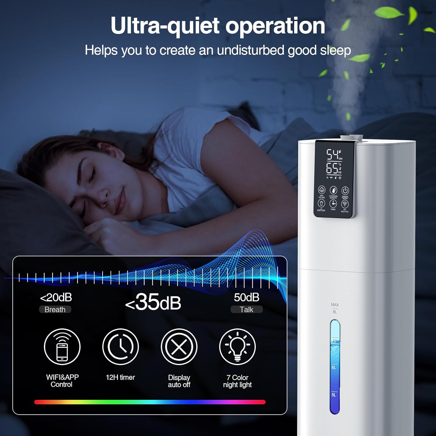 Smart Humidifiers Large Room Bedroom Home, 8L Top Fill Cold Mist Humidifiers with 3 Adjustable Mist Levels, Smart App & Remote Control, 48H Runtime, Nightlight, 12H Timer, Humidity Setting