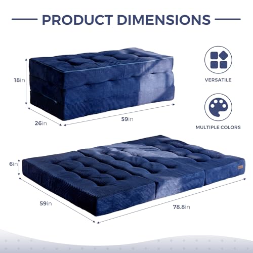 MAXYOYO Tri-Fold Mattress, 6 Inch Tufted Folding Mattress Full Foam Bed, Foldable Floor Mattress Guest Bed Mattress Topper Portable Camping Sleeping Bed with Corded Fabric, Black, 53