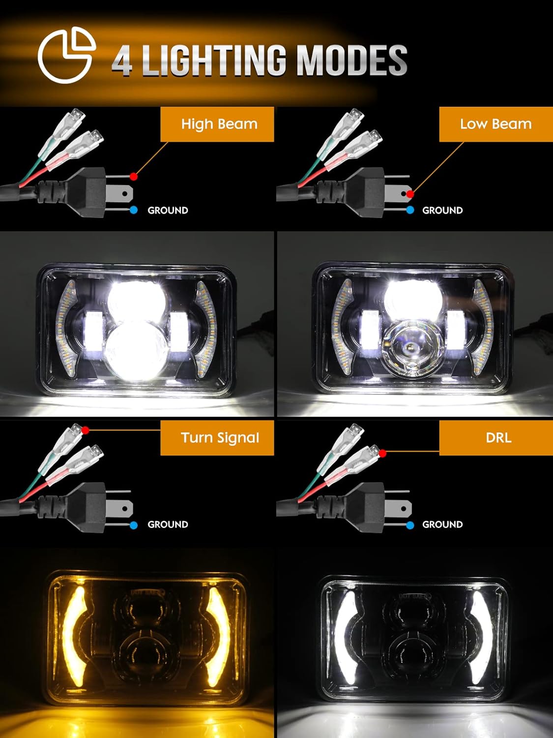 CO LIGHT 4x6 Headlights Led Sealed Beam Headlight Conversion White&Amber DRL H4651 H4652 H4656 H4666 Chrome Crystal Square Sealed beam Headlights Car Truck Conversion