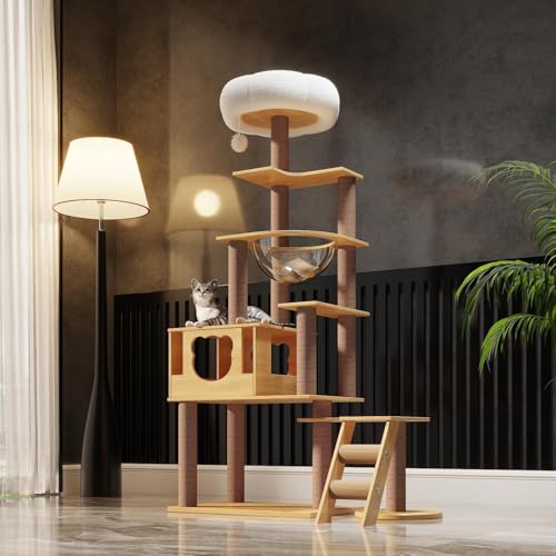 65-Inch Multi-Pure Wood-Level Cat Tree Tower with Condo, 13 Scratching Posts, with Padded Platform Bed, Toy Balls, and Sisal Scratching,Cat Tree for Indoor Cats Large Adult，Wood cat Tree.