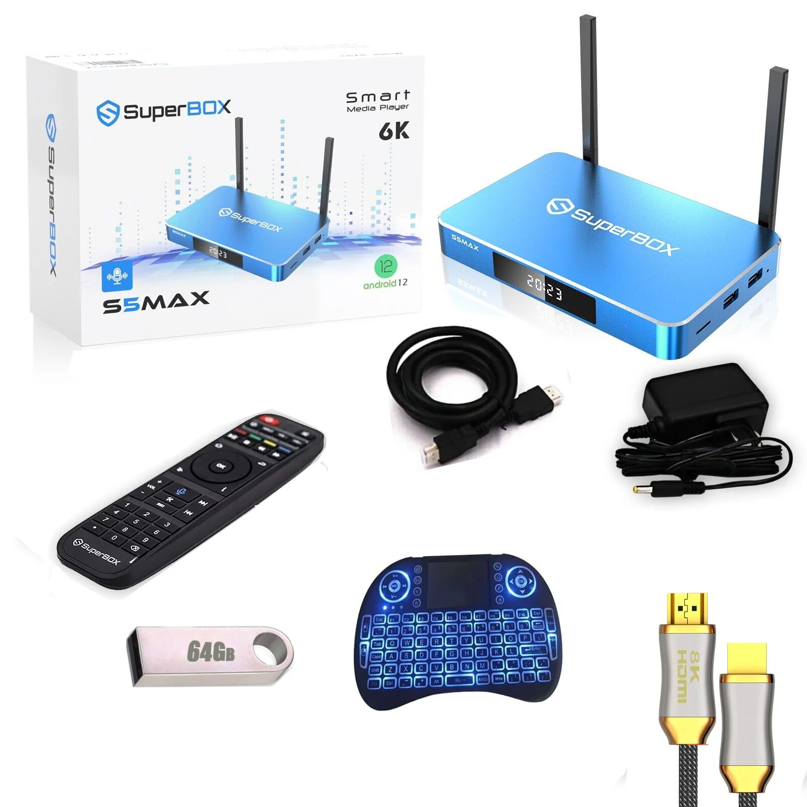 2024 Superbox S5 Max 6k HD US with mini Backlit keyboard 8k hd cable 64g usb flash driver
