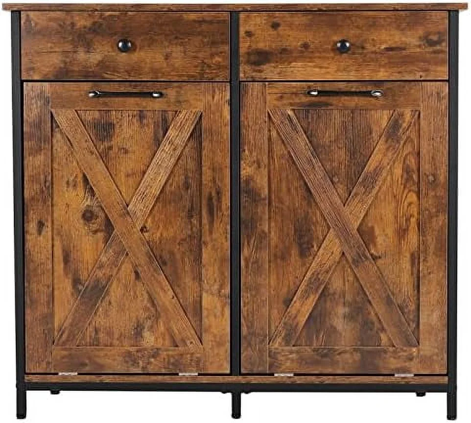 GEROBOOM Double Kitchen Trash Cabinets Two Tilt Out Trash Cabinets with Solid Hideaway Drawers Free Standing Wooden Kitchen  Recycling Cabinet  Holder (White)