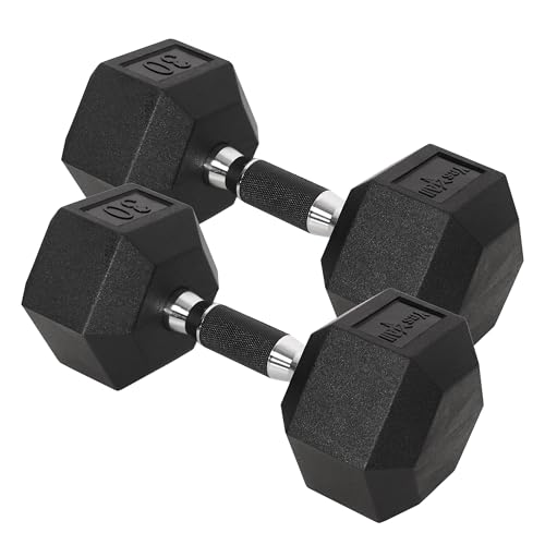Yes4All Chrome/Rubber Grip Encased Hex Dumbbells – Hand Weights With Anti-Slip 10-30 LBS Pair