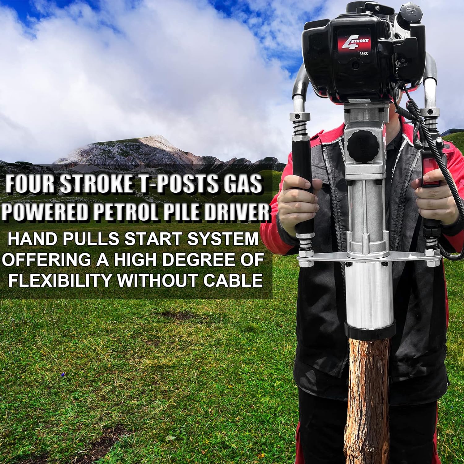 Gas Powered 4-Stroke T Post Driver Hammer Drills, 37.7CC Gasoline Engine Pile Driver, Air Cooling Single Cylinder Gasoline Petrol Garden Fencing Tool Machine with 2 Post Driving Head