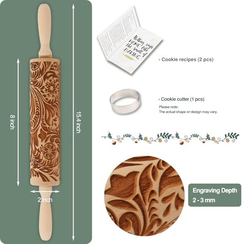 Embossed Rolling Pin for Baking Cookies Christmas Embossing Rolling Pins with Design Wooden Engraved Springerle Roller Pin Dough Patterned Clay Pottery Ceramic Bakers Women (Flower Snowflake Paisley)