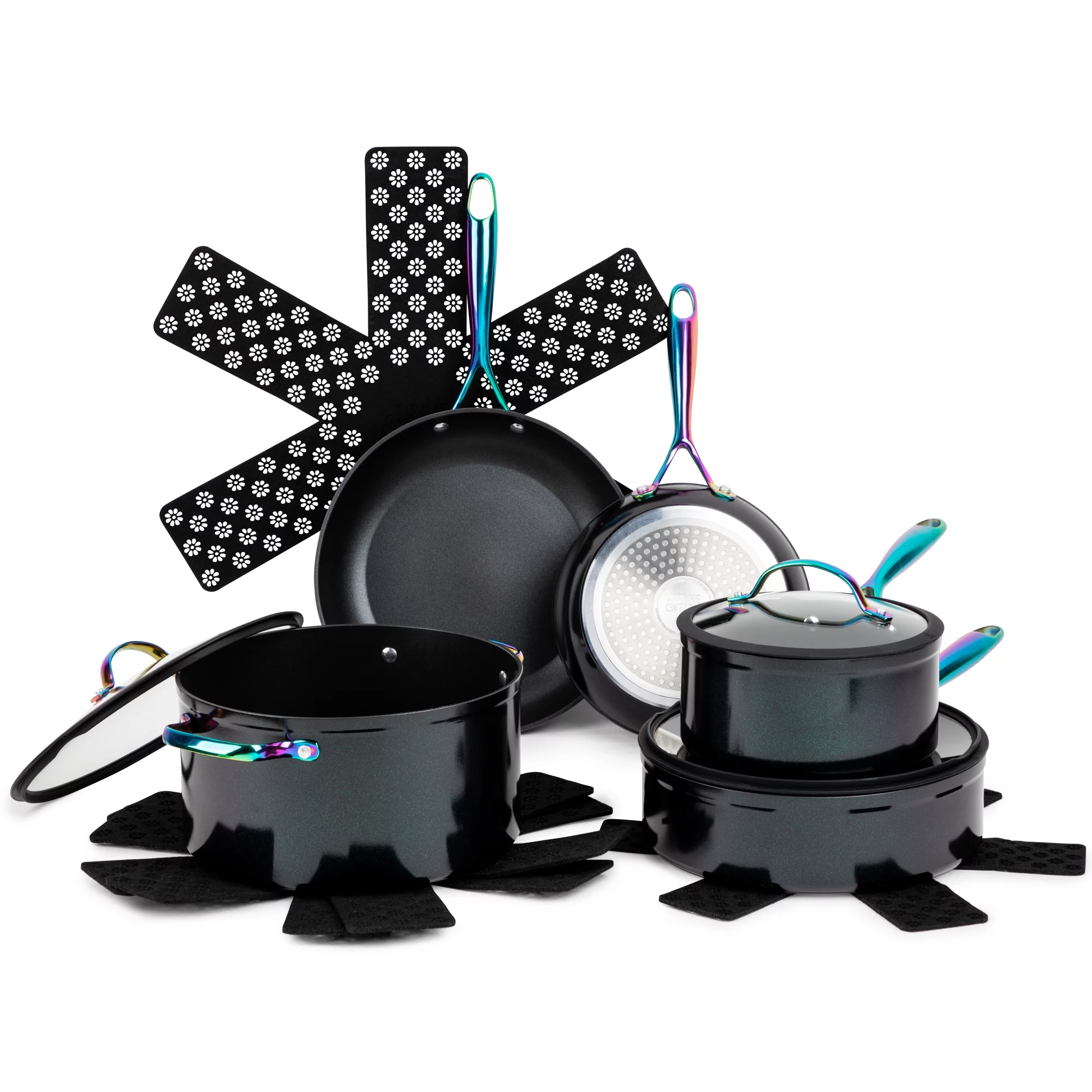 Thyme & Table Non-Stick 12-Piece Signature Cookware Set, Black & Rainbow