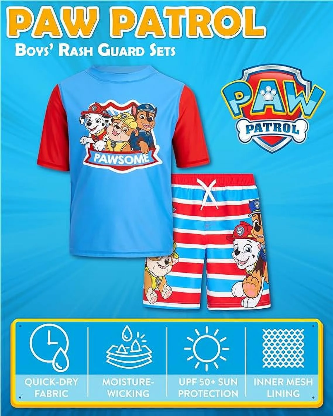 Nickelodeon Boys' Paw Patrol UPF 50+ Rash Guard Set - Chase, Marshall Swim Shirt and Trunks (2T-7)