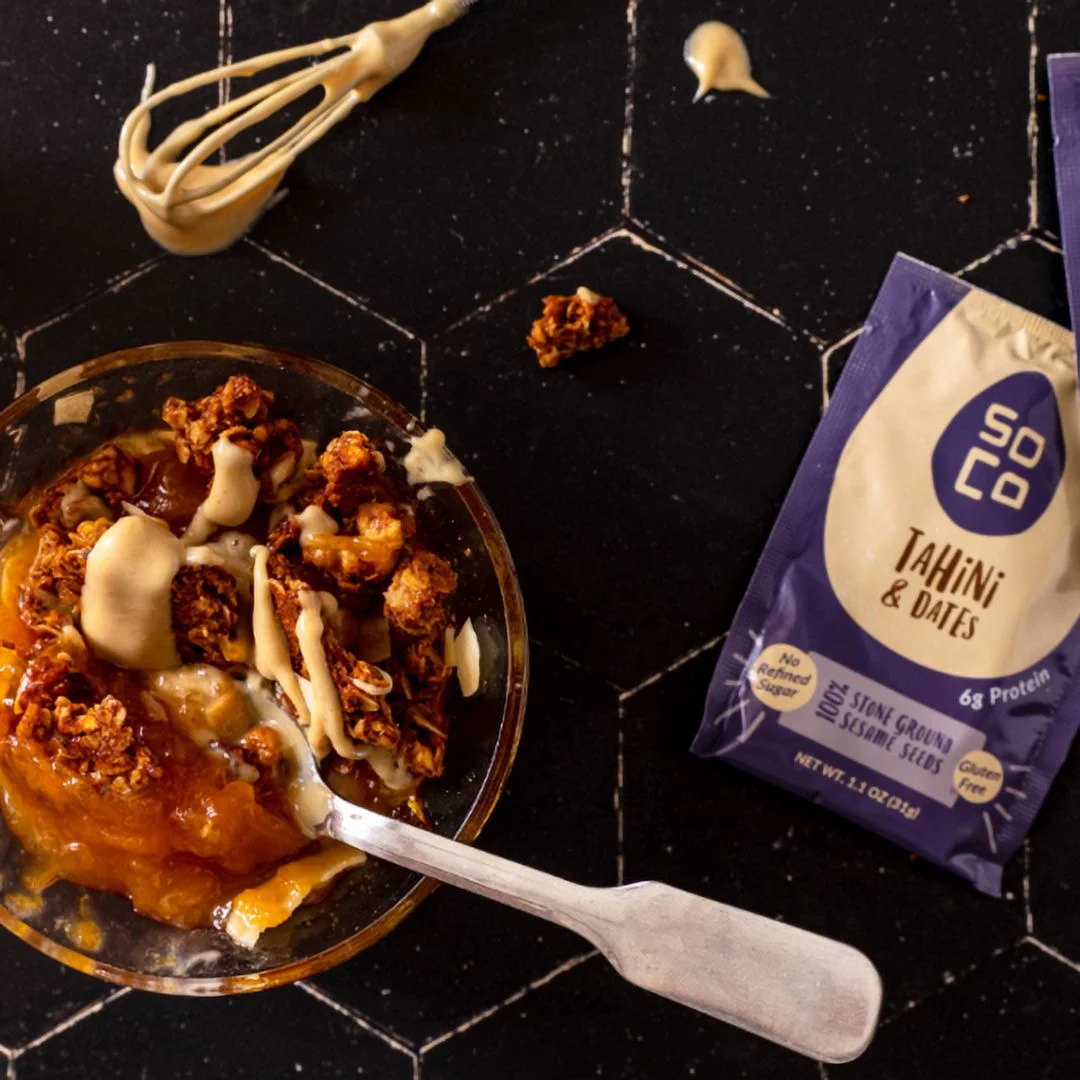 SoCo 2 x Artisanal Tahini Jars each of (380 Grams ) with combo 2 x Tahini & Dates Squeeze Packs each (Box of 10) Gluten-Free, Sugar-Free