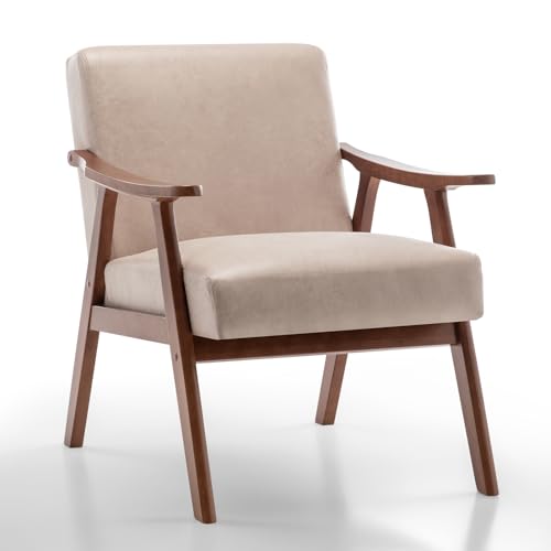 Rovibek Upholstered Accent Chair with Arms - Mid Century Modern Accent Chairs with Wood Frame, Upholstered Arm Chairs with 5.9in Thick Foam, Beige Occasional Chair, Set of 2