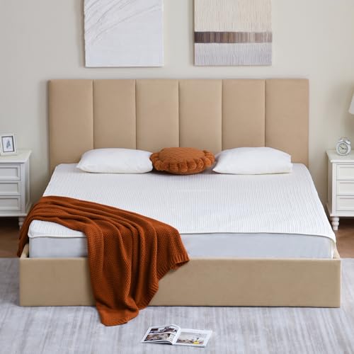 VELOCAVA California King Size Lift-Up Storage Bed, Modern Upholstered Platform Bed Frame with Vertical Channel Headboard, Hydraulic Storage, No Box Spring Needed, Beige