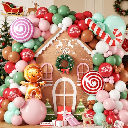 120 PC Pink Christmas Balloon Arch, Gingerbread Balloon Arch, Light Purple Teal Blue Green Ivory White Metallic Gold Balloons Candy Cane Gingerbread Man Foil Balloons for Christmas Party Decoration