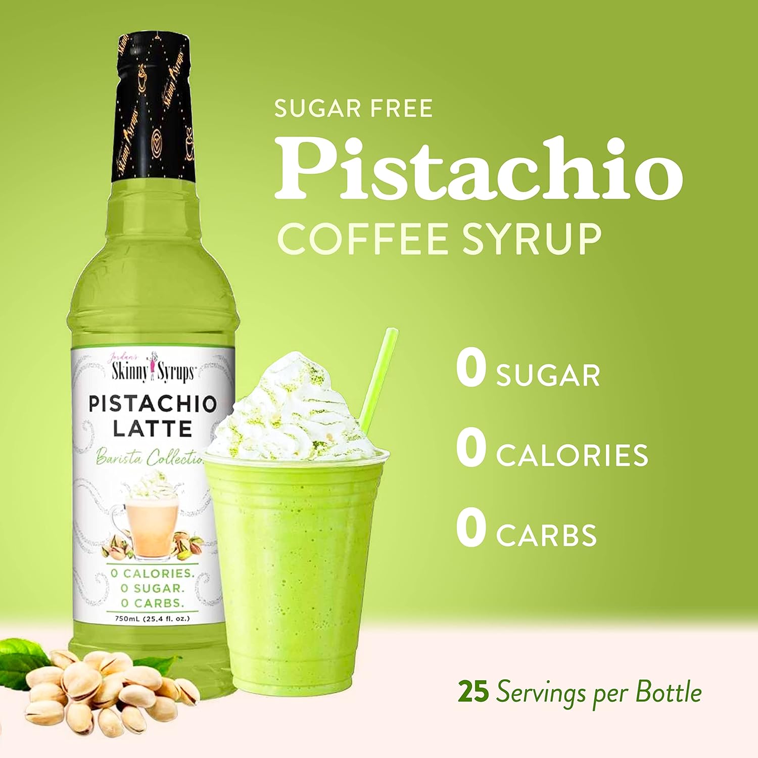 Jordan's Skinny Syrups Sugar Free Coffee Syrup, Pistachio Flavor Drink Mix, Zero Calorie Flavoring for Chai Latte, Protein Shake, Food & More, Gluten Free, Keto Friendly, 25.4 Fl Oz, 1 Pack