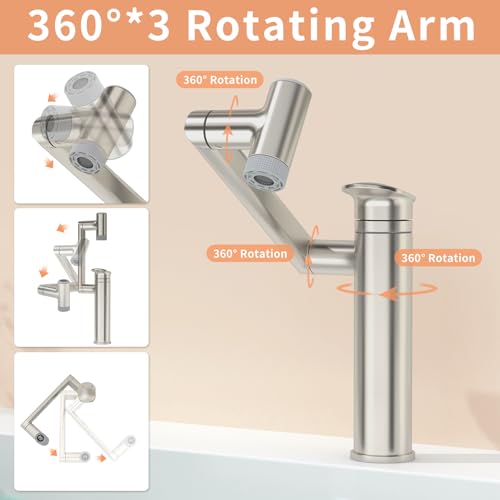 SINGSUO 1080°Rotatable Bathroom Vanity Faucet 1 Hole, Height Adjustable Single Handle Sink Faucet Bathroom with 2 Water Outlet Modes, Bar Sink Tap Single Hole with Temperature Display (Black)