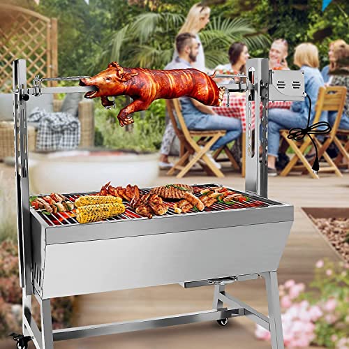 66LBS stainless steel rotisserie grill, 25w motor small pig lamb rotisserie roaster, 37 inch bbq charcoal rotisserie roaster grill for camping outdoor kitchen (without baffle(without backsplash))