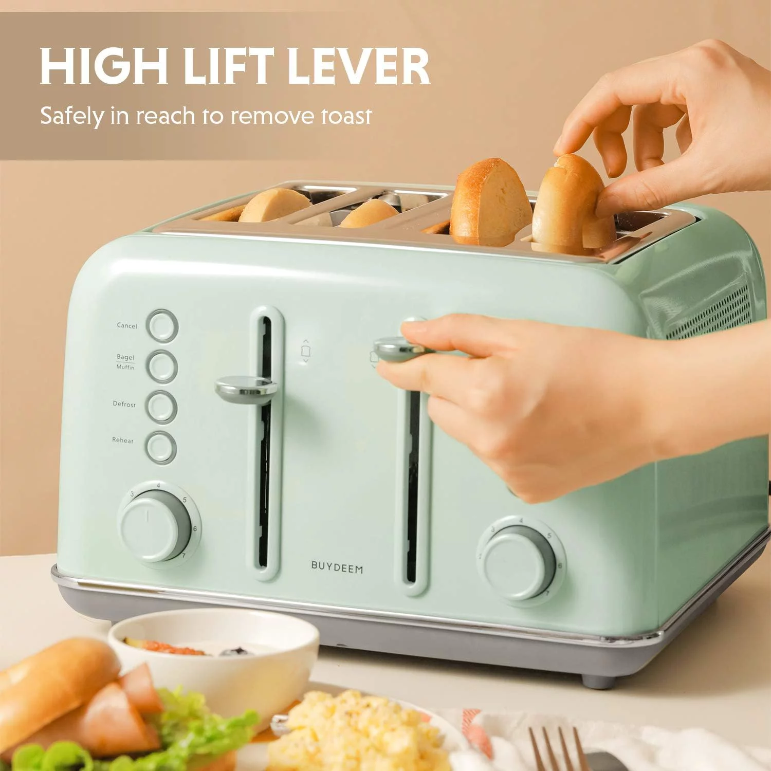 Toaster, Extra Wide Slots, Retro Stainless Steel with High Lift Lever, Bagel and Muffin Function, Removal Crumb Tray, 7-Shade Settings,Cozy Greenish