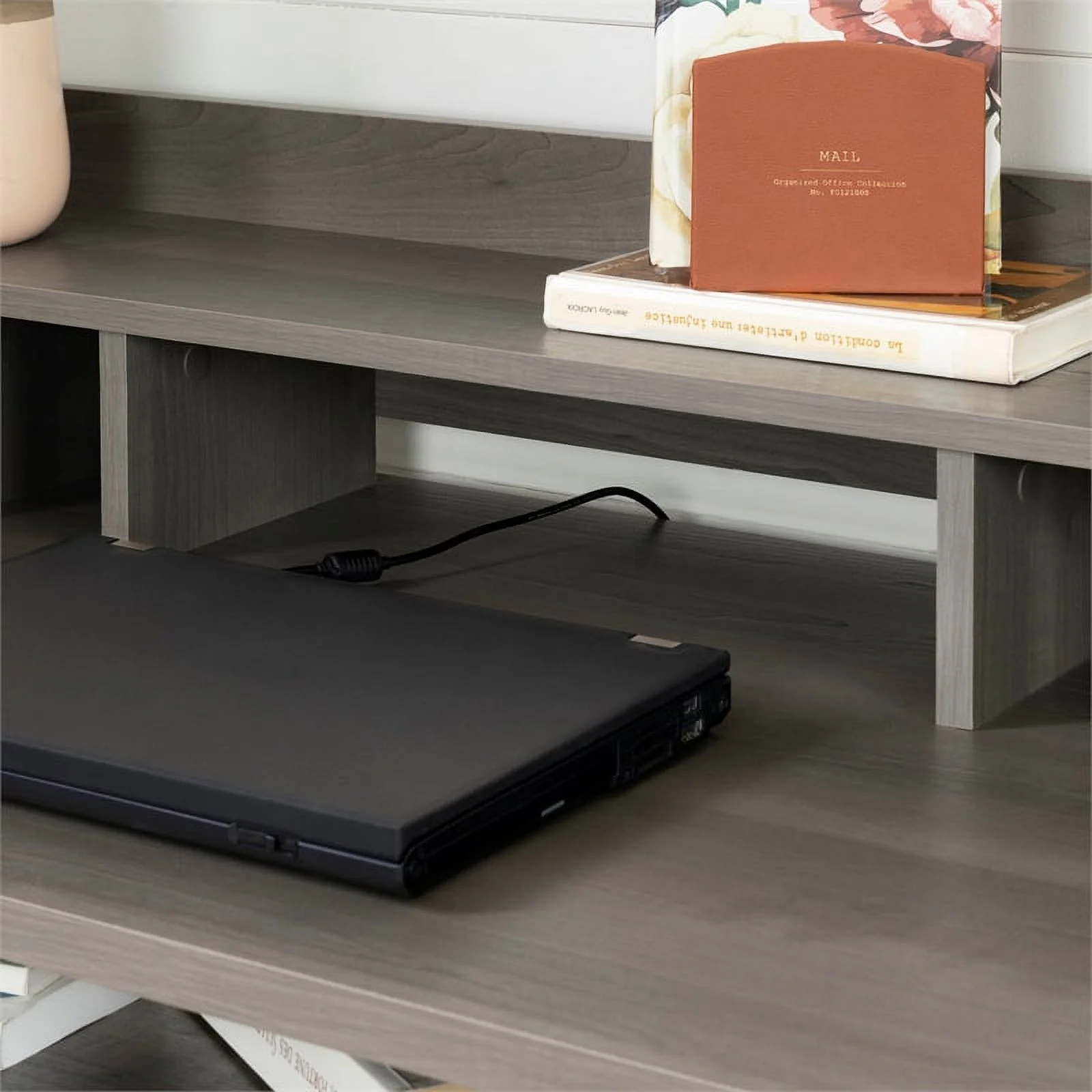 South Shore Versa Gray Maple Desk and 1 Annexe White Eiffel Style Chair Set