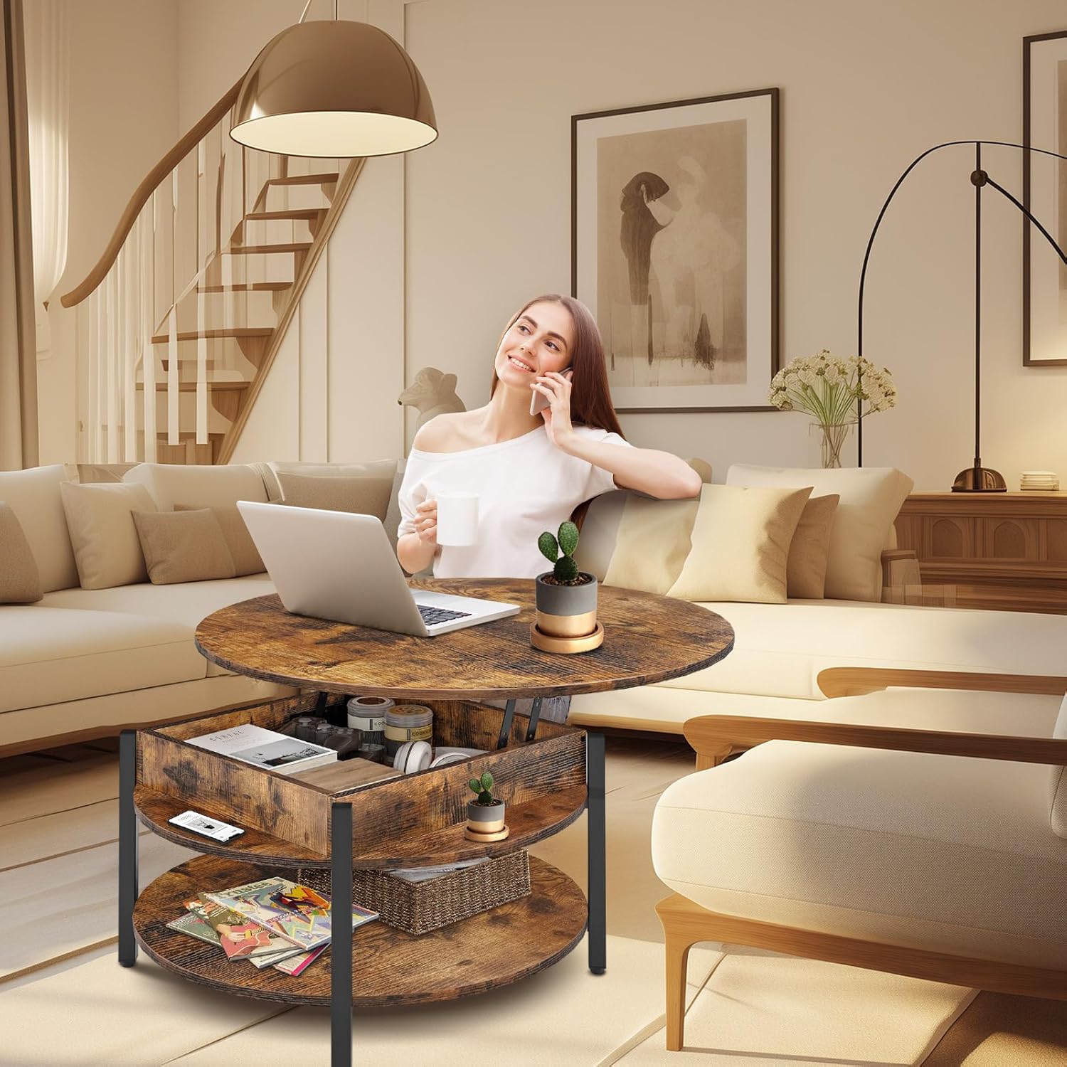 CLATINA Round Lift Top Coffee Table, Farmhouse Wooden Round Coffee Table with Storage and Hidden Compartment for Living Room Home Office Round Center Tables, 35.43 in(Rustic Brown)