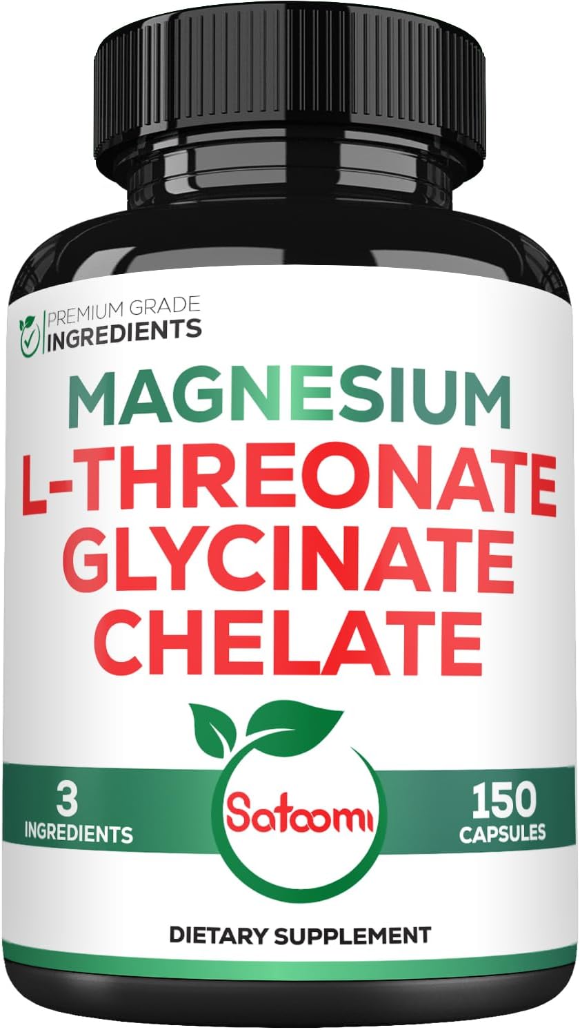 Satoomi 1200mg 3in1 Magnesium L-Threonate 500mg Supplement with Magnesium Glycinate 500mg & Magnesium Chelate 200mg - 150 Vegan Capsules