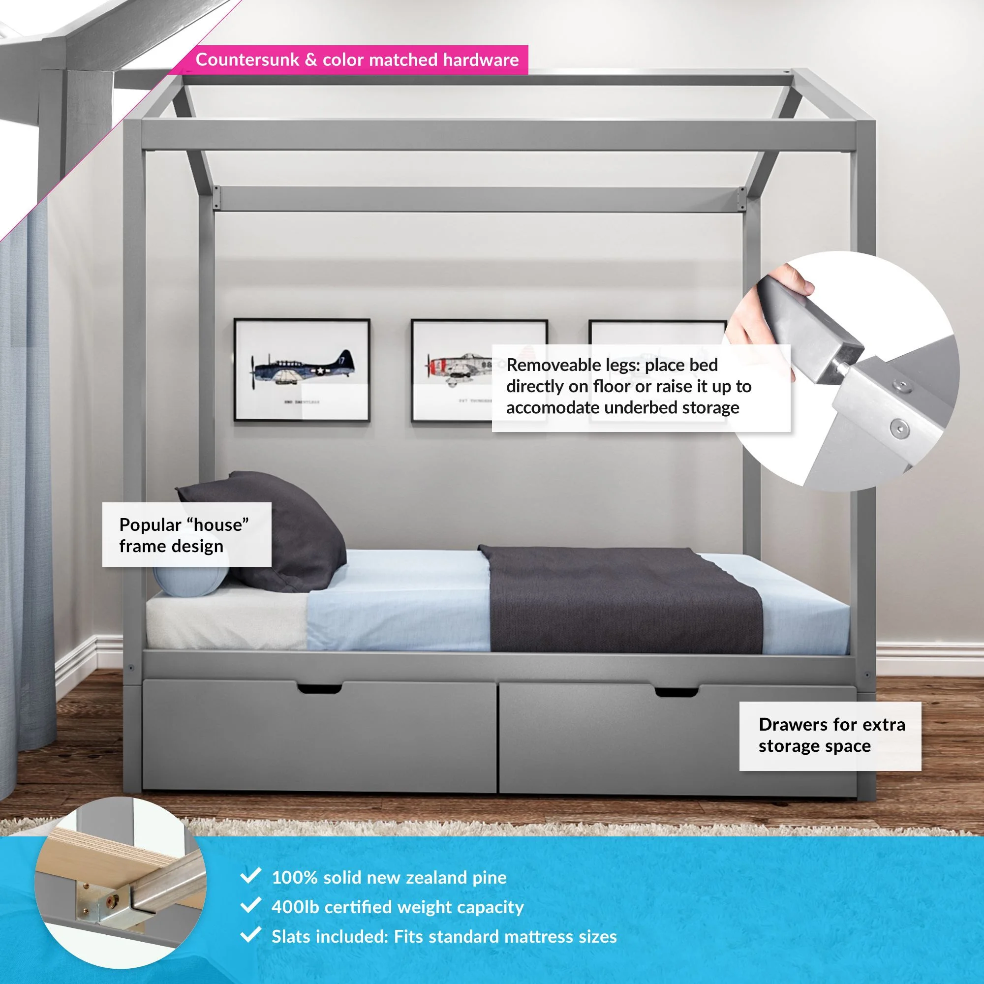 Max & Lily Twin Size Wooden House Bed Frame with Storage Drawers and Roof for Kids Bedroom, Grey