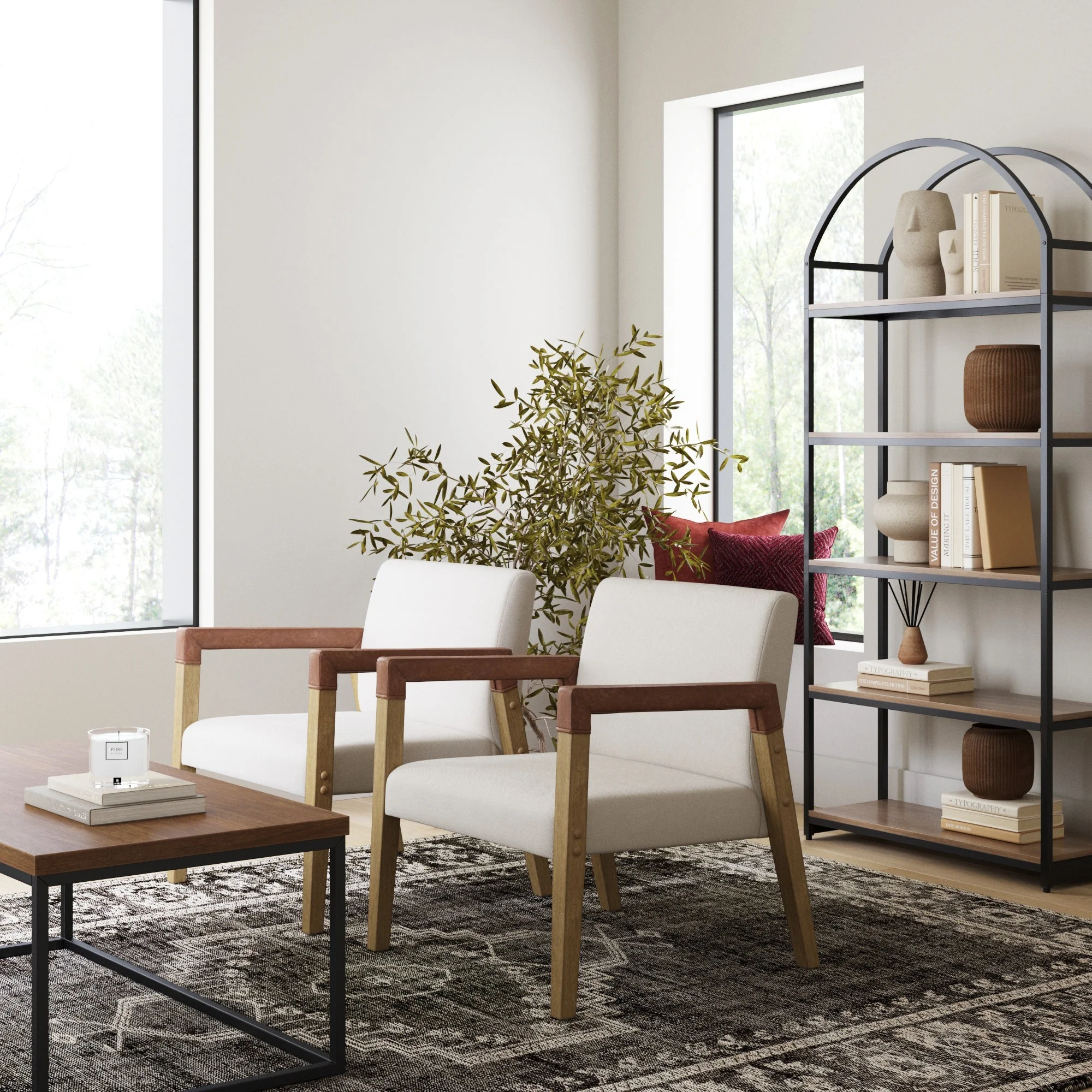 Nathan James Hudson Natural Flax Upholstered Accent Chair with Arms Wrapped in Chestnut Brown Faux Leather