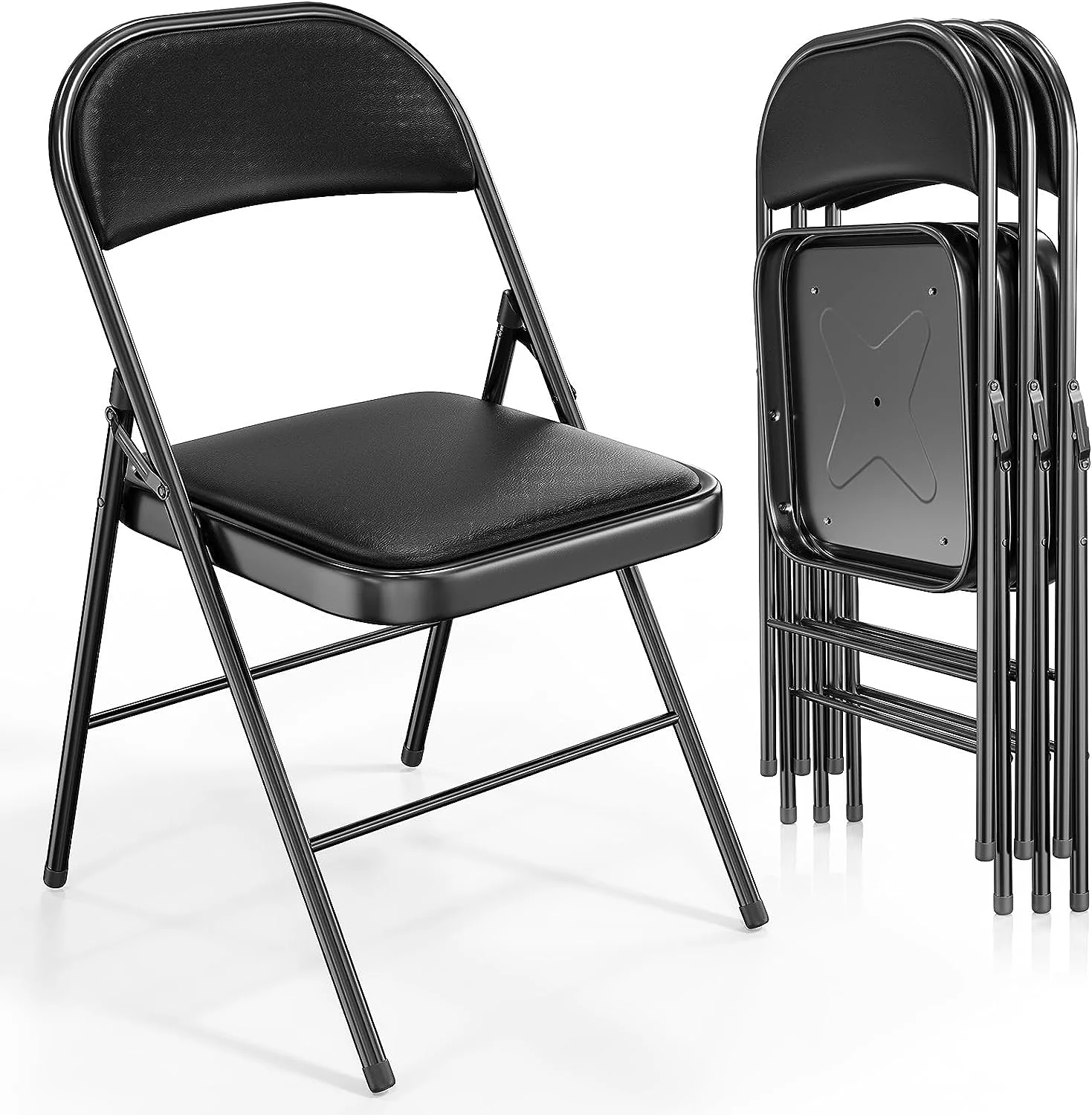 VINGLI Folding Chairs with Padded Seats, Metal Frame with Pu Leather Seat & Back, Capacity 350 lbs, Black, Set of 10