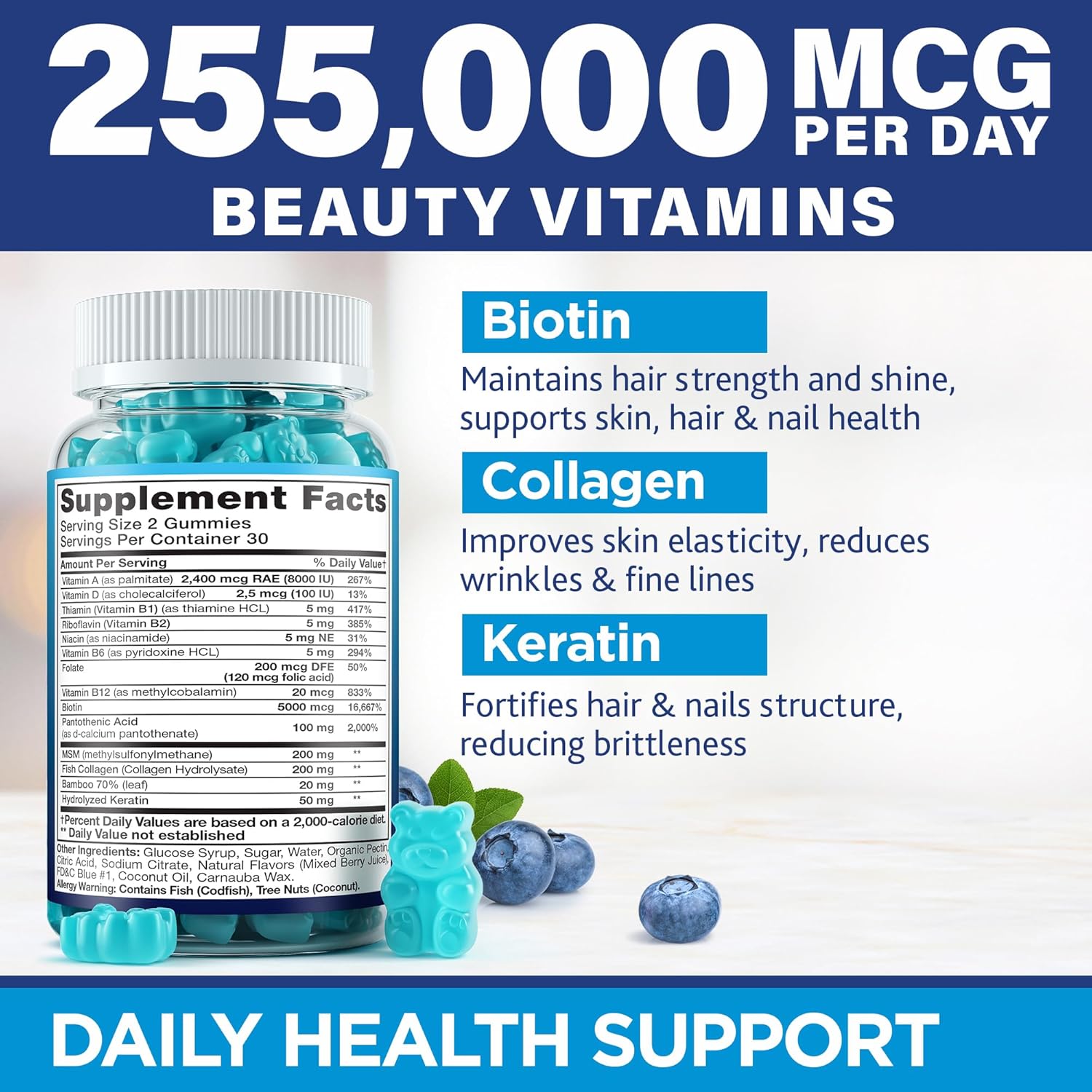 Hair Vitamins Natural Gummies - Biotin Multivitamin for Hair, Skin & Nails with Collagen & Keratin - Anti Aging Collagen Gummy Vitamins for Men & Women - Hair & Nail Growth Gummies - 60psc