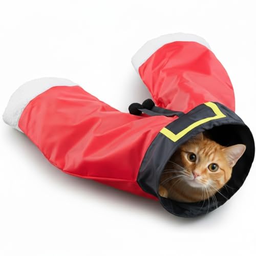 Christmas Cat Tunnel Tube Pet Santa Suit Pants with Balls, 3 Way Tunnel with Crinkle Paper & Strong Spring-Steel Frame, Interactive Festive Indoor Toy for Kittens Kitty, Red Xmas Pet Gift
