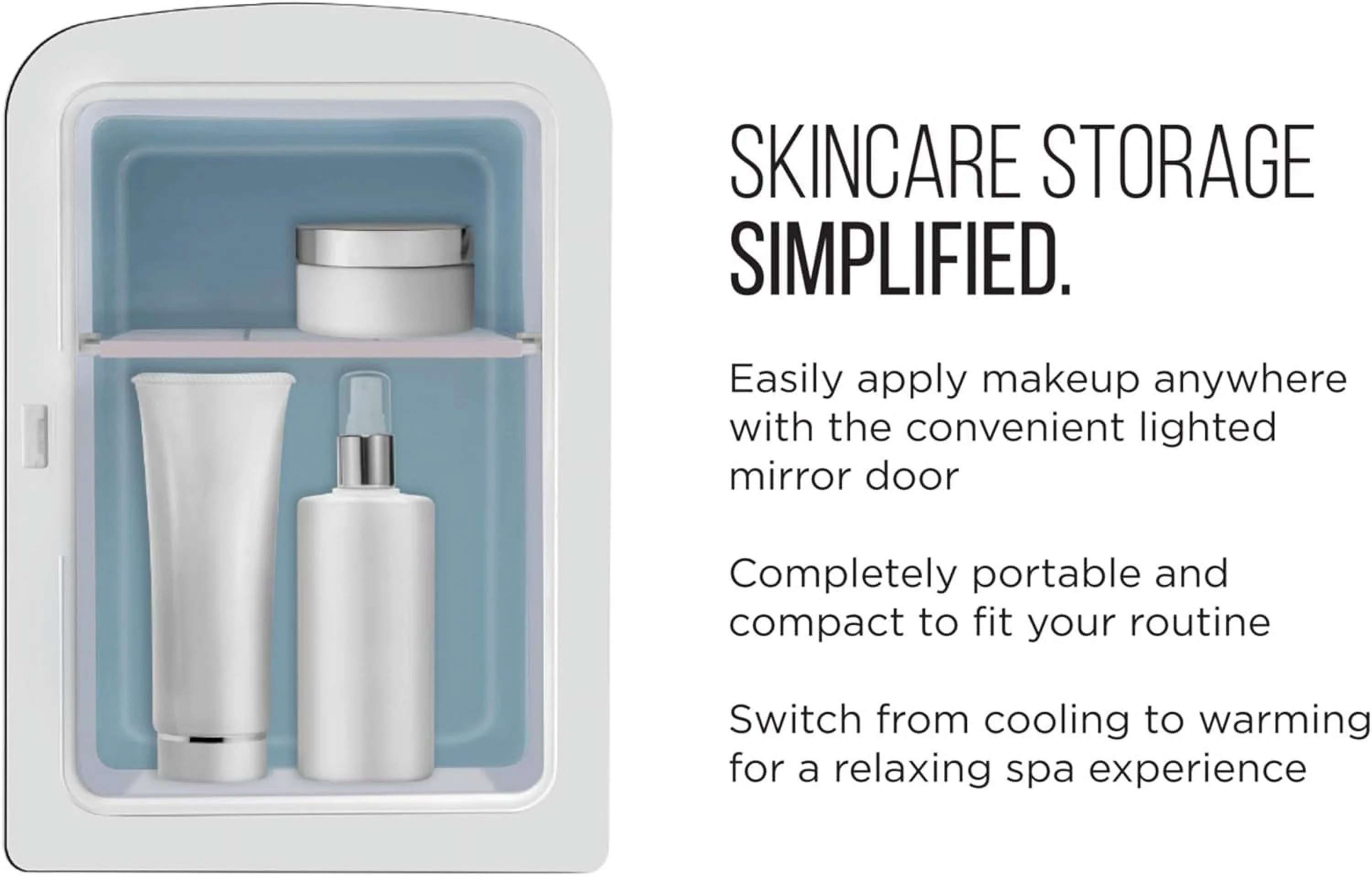 Chefman Portable Mirrored 4L Mini Fridge w/ LED Light, Heating and Cooling - White, New