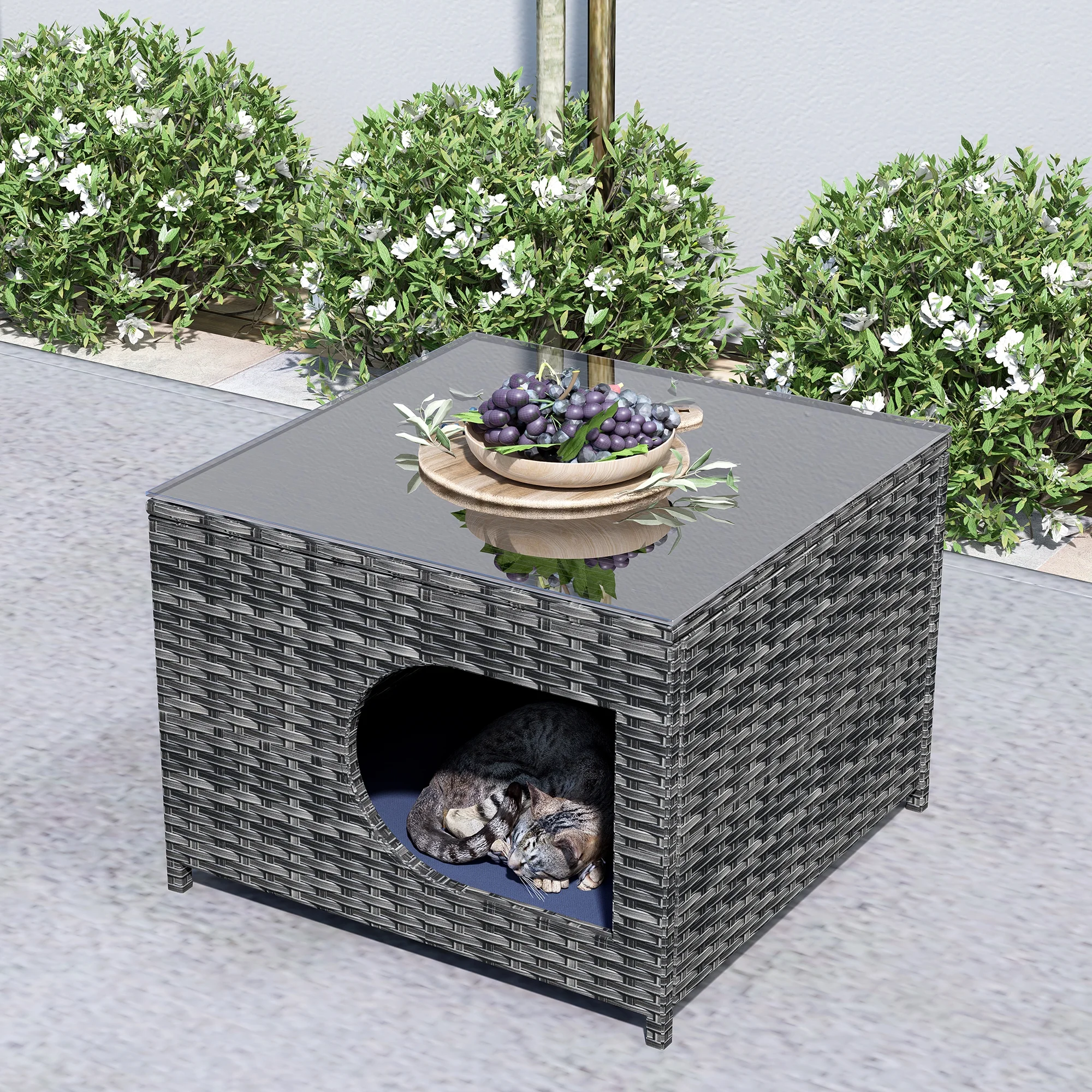 Ovios Outdoor Patio Furniture Wicker Coffee Table Side Tea Table with Glass for Garden