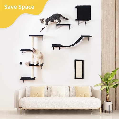 Modern Wall-Mounted Cat Furniture - 5pcs Cat Wall Shelves, Wooden Climber Includes House, Bridge, Tree, Steps, and Scratcher (Black)