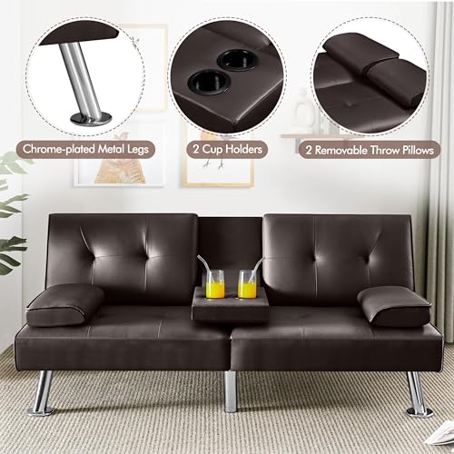 Yaheetech Convertible Sofa Bed Adjustable Fabric Couch Sleeper Modern Recliner Reversible Loveseat Folding Daybed Guest Bed, Removable Armrests, Cup Holders, 3 Angles, 772lb Capacity, Dark Gray