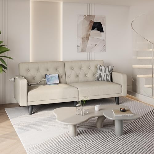 Yaheetech 63” Convertible Couch Sofa Bed with 2 USB, Reclining Futon Sleeper with Adjustable Backrest & Removable Armrests, Mid Century Modern Loveseat for Living Room, Apartment, Office Beige