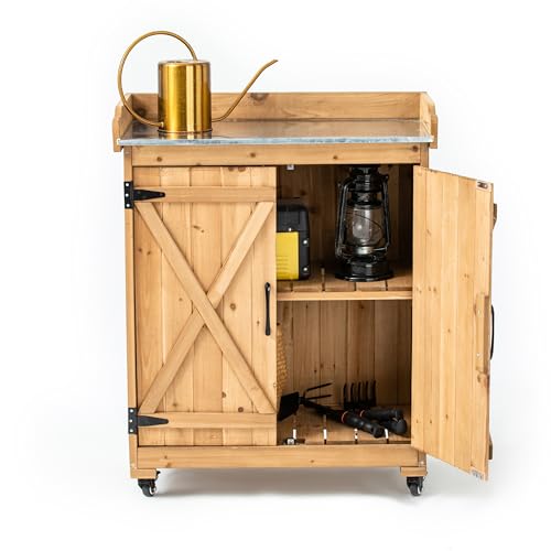 TAKUKA Outdoor Wooden Potting Bench with Wheel Double Doors & Metal Tabletop, Outside Storage Cabinet & Horticultural Planting Work Table for Garden Balcony Backyard