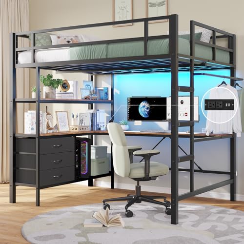 DICTAC Loft Bed Full Size with L-Shaped Desk and Charging Station Full Metal Bed Frame with LED Lights,Open Shelves and 3 Fabric Storage Drawers,Loft Beds with Top Bunk -Safety Guard & Stairs,Black
