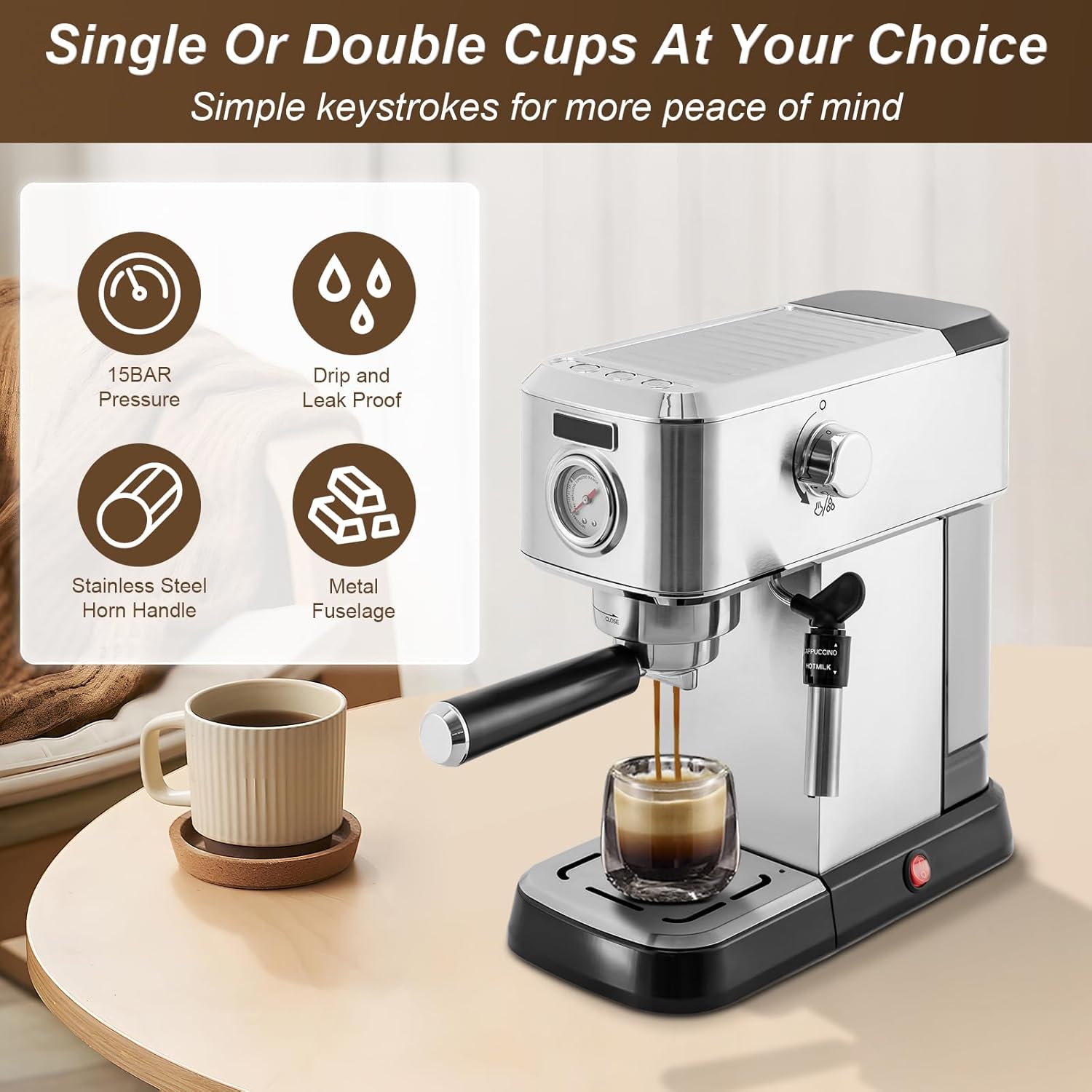 Espresso Machine 15 Bar, Professional Espresso Maker Cappuccino Machine with Milk Frother Steamer, Home Expresso Coffee Machine for Cappuccino and Latte, Coffee Lovers, 1350W