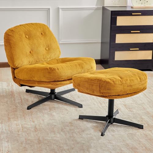 Redlife Swivel Accent Chair with Ottoman, Comfy Reading Chair with Ottoman Set 360 Degree Upholstered Lounge Chairs, Corduroy Modern Accent Chairs with Footrest, for Living Room Bedroom (Coffee)