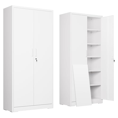 DEVAISE Metal Storage Cabinet with 2 Doors and 5 Adjustable Shelves, 71'' Lockable Steel File Cabinet, White for Home, Office, Garage, School, Gym