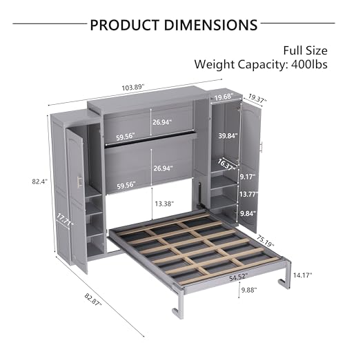 Harper & Bright Designs Full Size Murphy Bed, Wood Full Wall Bed with Two Closets and Storage Shelf, Multifunctional Foldable Platform Bed Frame for Guest-Room/Bedroom, Walnut