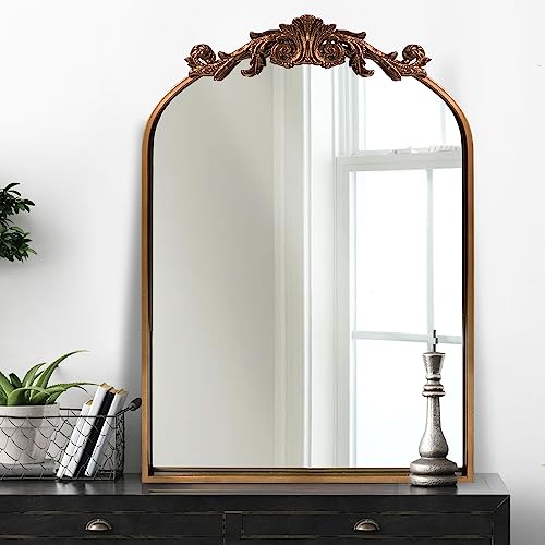 Gold Brass Mirror for Wall,Gold Traditional Vintage Ornate Baroque Mirror,Victorian Antique Bronze Mirror with Full Matel Frame,Arched Mirror for Entryway/Bathroom/Fireplace 24