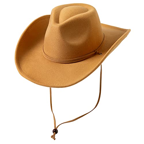 Lanzom Women Men Retro Felt Wide Brim Western Cowboy Cowgirl Hat Dress Up Hat with Wind Lanyard