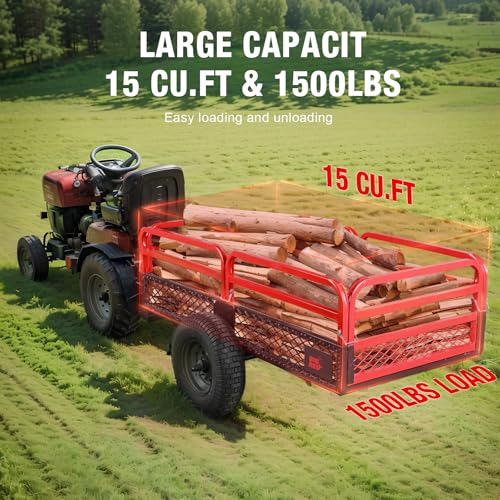 BIG RED Heavy Duty ATV Trailer Steel Dump Cart: Yard Garden Trailer for Lawn Mower, Tractor, Garden Waste - 1,500lbs, 15 cu.ft Capacity
