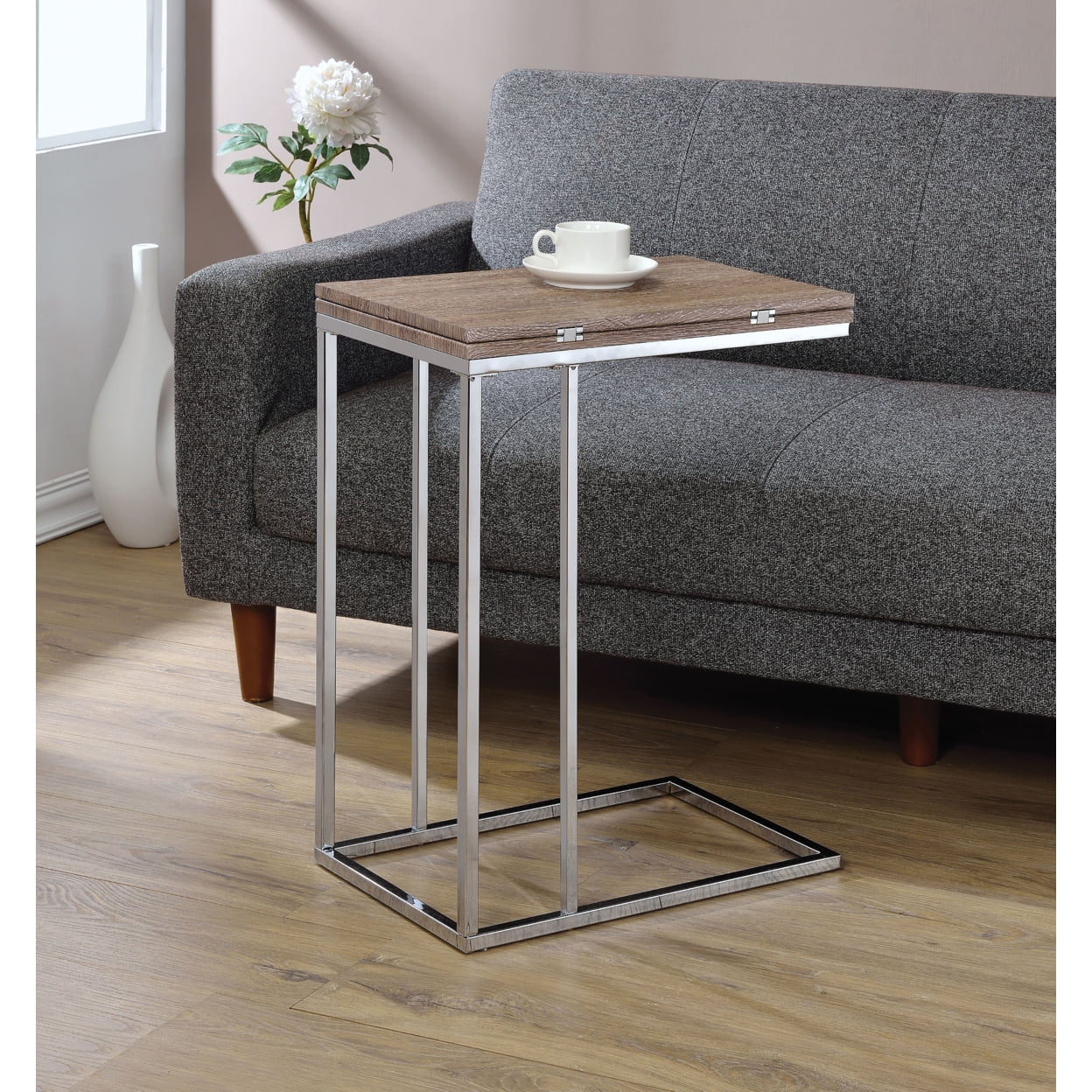 Vogue Side Table, Weathered Oak and Chrome- Saltoro Sherpi