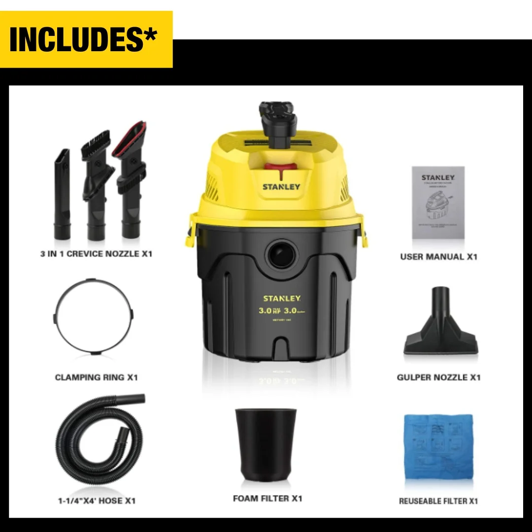 Stanley Black & Decker SL18910P-3 -3 Gallon Wet Dry Vacuum, 3 Peak HP Poly 2 in 1 Vacuum