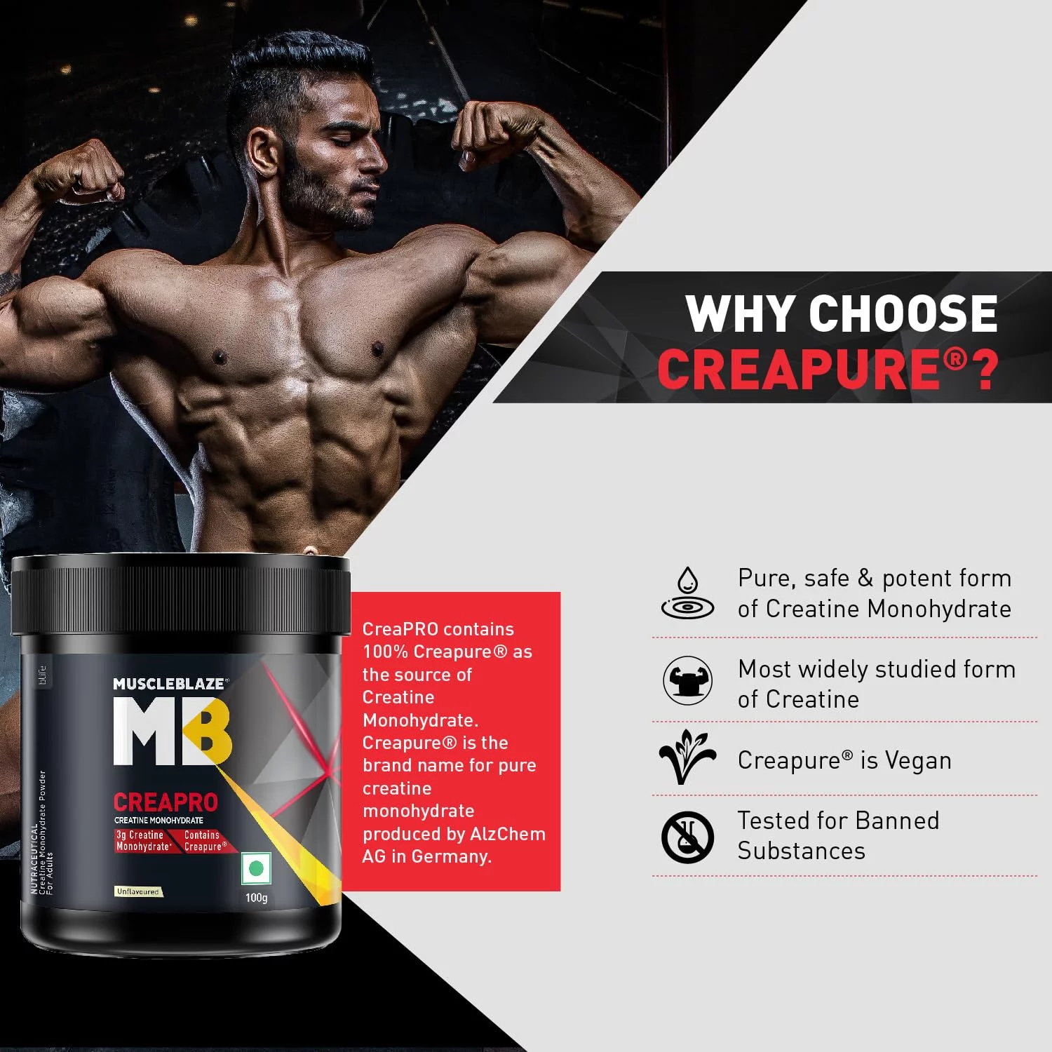 MuscleBlaze CreaPRO Creatine with Creapure® Powder from Germany, Pack of 100 gms, Unflavoured