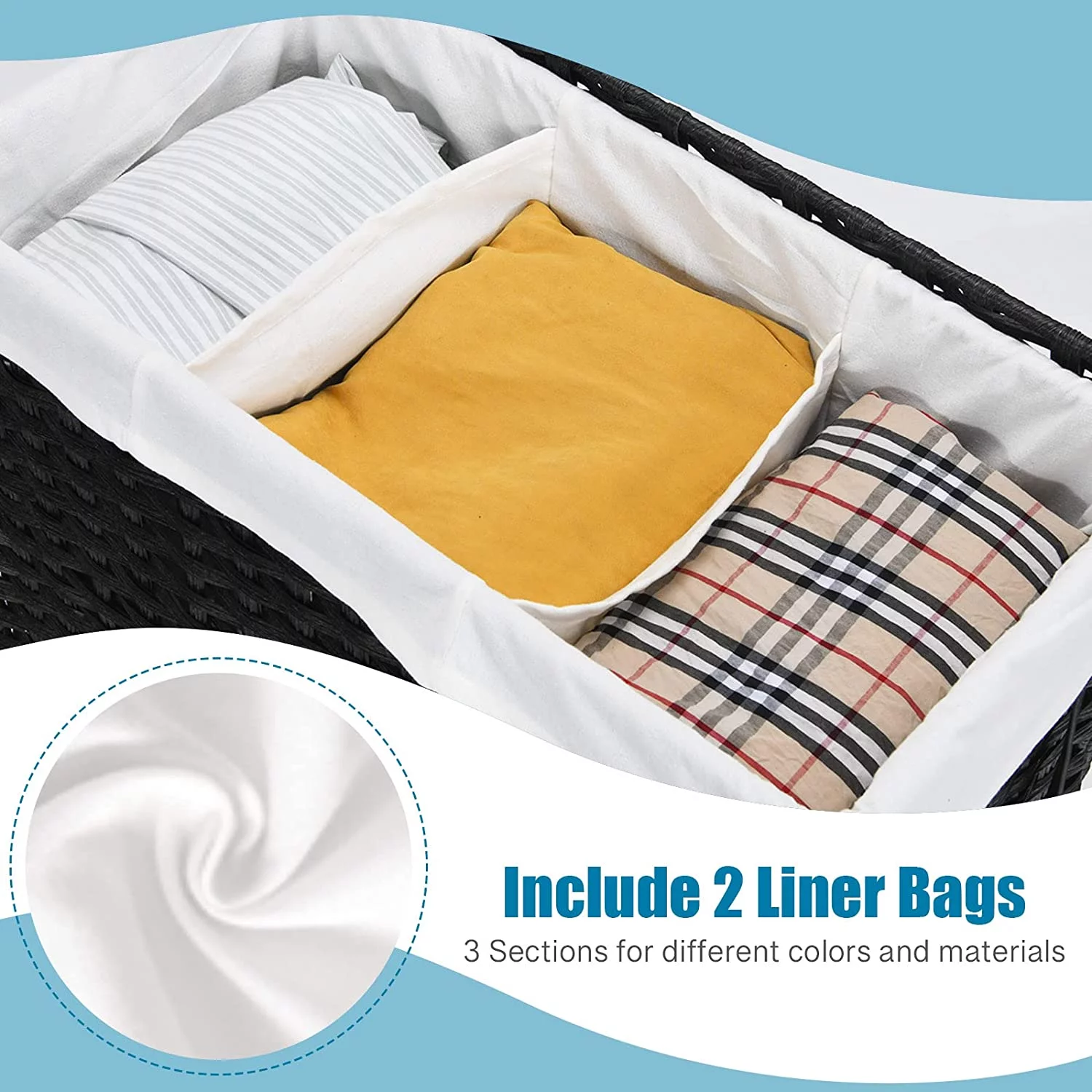 Laundry Hamper with Lid and Wheels, Hand Woven Rattan Clothes Hamper with 125L Large 3 Divided Sections and 2 Removable and Washable Liner Bags, Dirty Clothes Hamper Storage with Handles