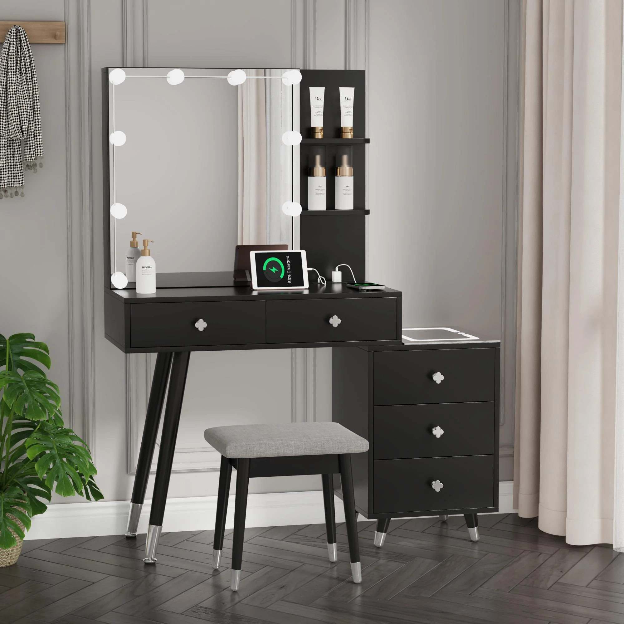 Smuxee Modern Vanity Table with Lights Mirror,Rechargeable Dressing Table,2 Shelves,5 Drawers,Black