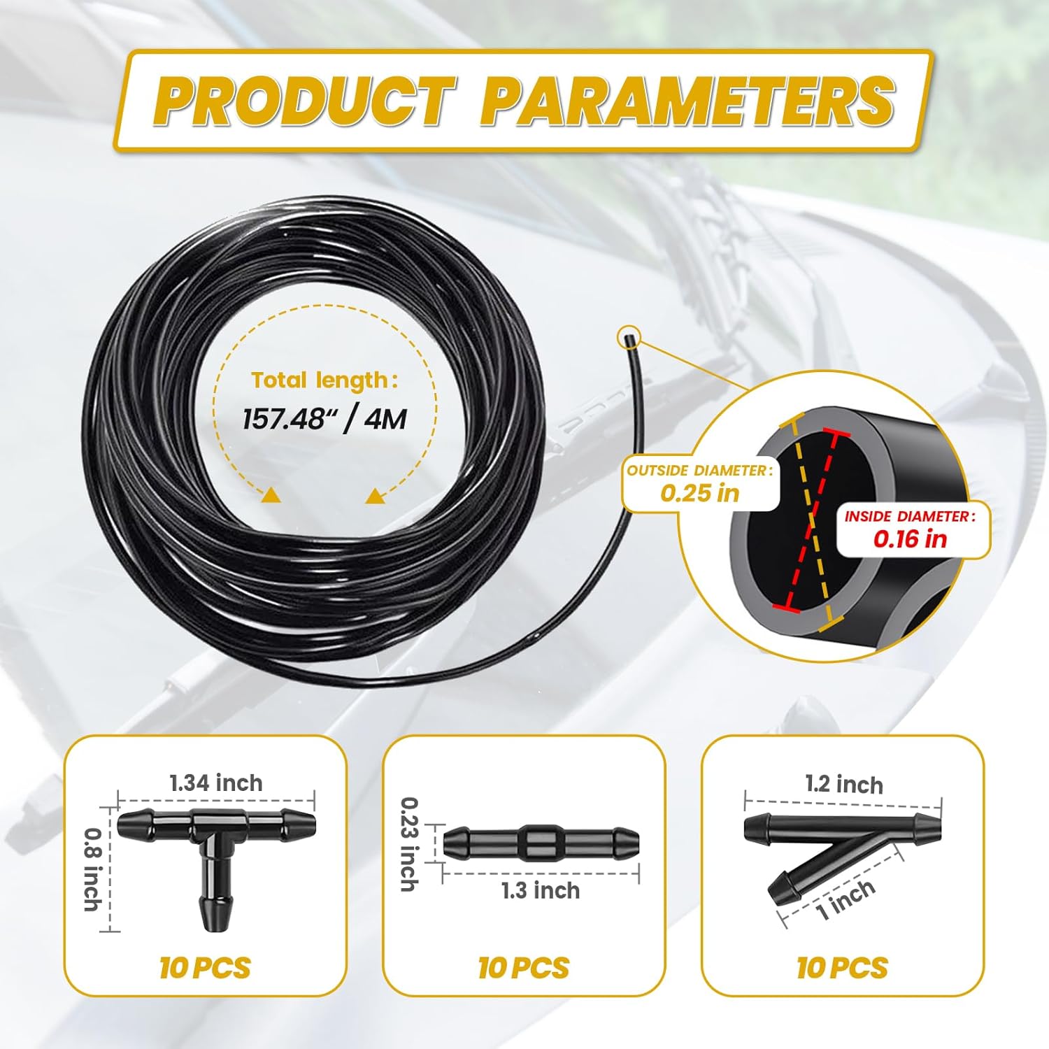 30 PCS Car Windshield Washer Hose Kit, 13Ft Rubber Washer Hose & 3 Type Hose Connectors for Pump and Nozzles, Suitable for Replacing Most Car Windshield Fluid Tubes (Black)