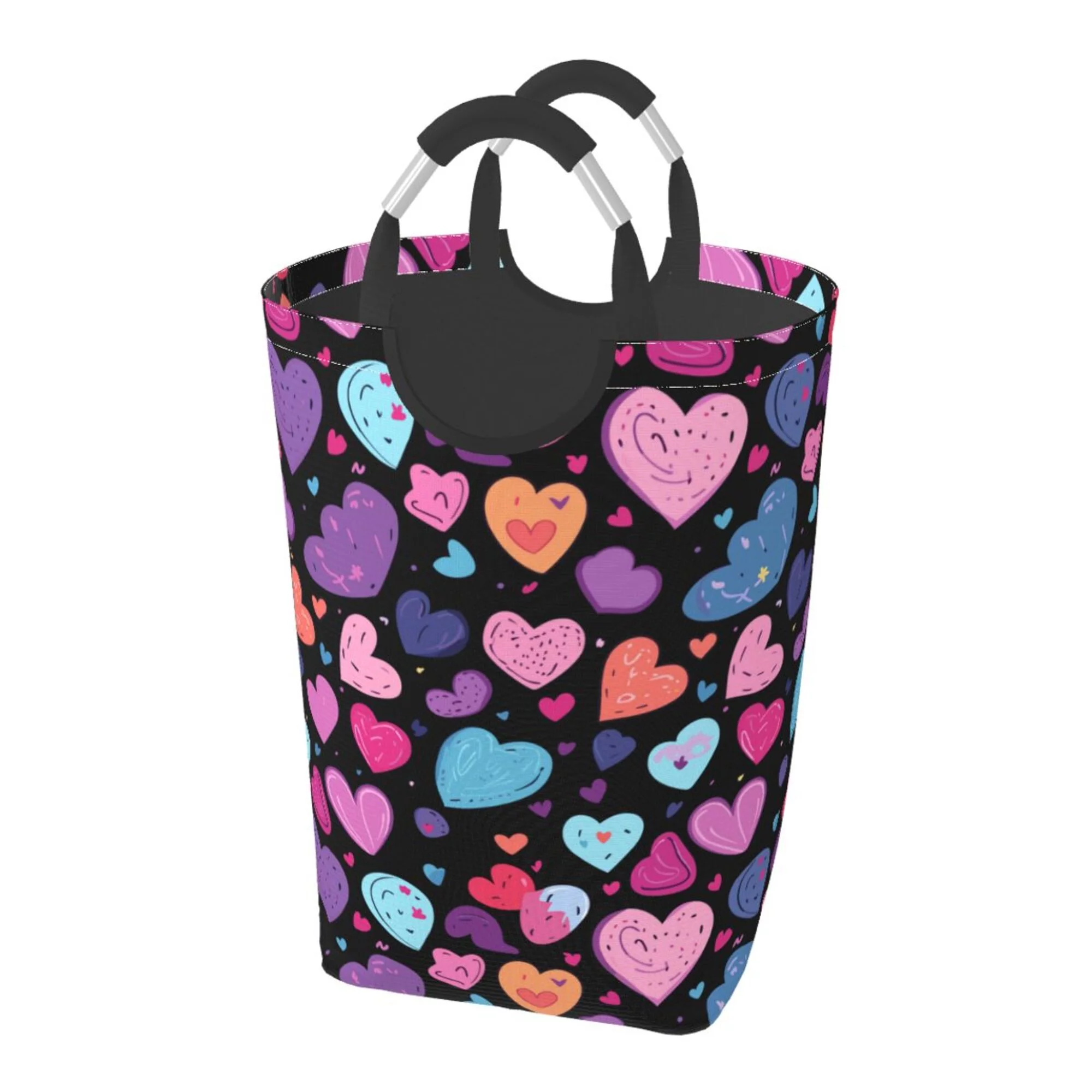 TEQUAN 50L Large Rectangular Laundry Hamper with Aluminum Handles, Valentine Purple Hearts Love Prints Waterproof Foldable Dirty Clothes Basket